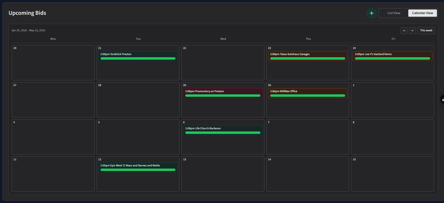 Bid Calendar View in Vertical Projects